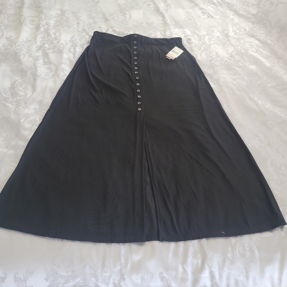Elegant Black Button-Down Skirt With A Slit. Size XL With Elastic Waist 37" Long